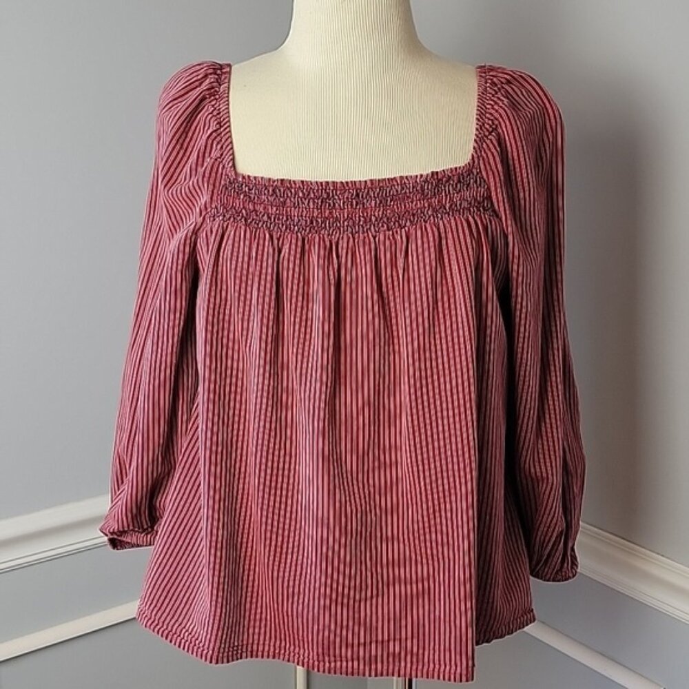 BANANA REPUBLIC Burgundy White Pinstripe Smocked Flowy Peasant Casual Boho Top M